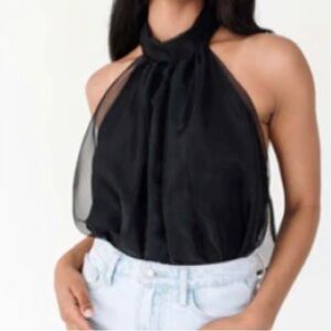 NWT Thirty Thirty LA Black Sheer Lined Taffeta Halter Bodysuit size Large